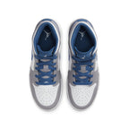 Jordan 1 Mid True Blue Cement (GS) top view with white leather upper and blue accents on laces and Swoosh.