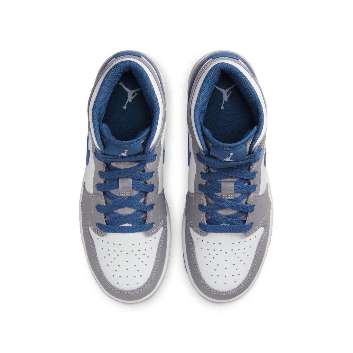 Jordan 1 Mid True Blue Cement (GS) top view with white leather upper and blue accents on laces and Swoosh.