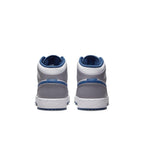 Rear view of Air Jordan 1 Mid True Blue Cement GS showcasing grey and blue colorway with white midsole.