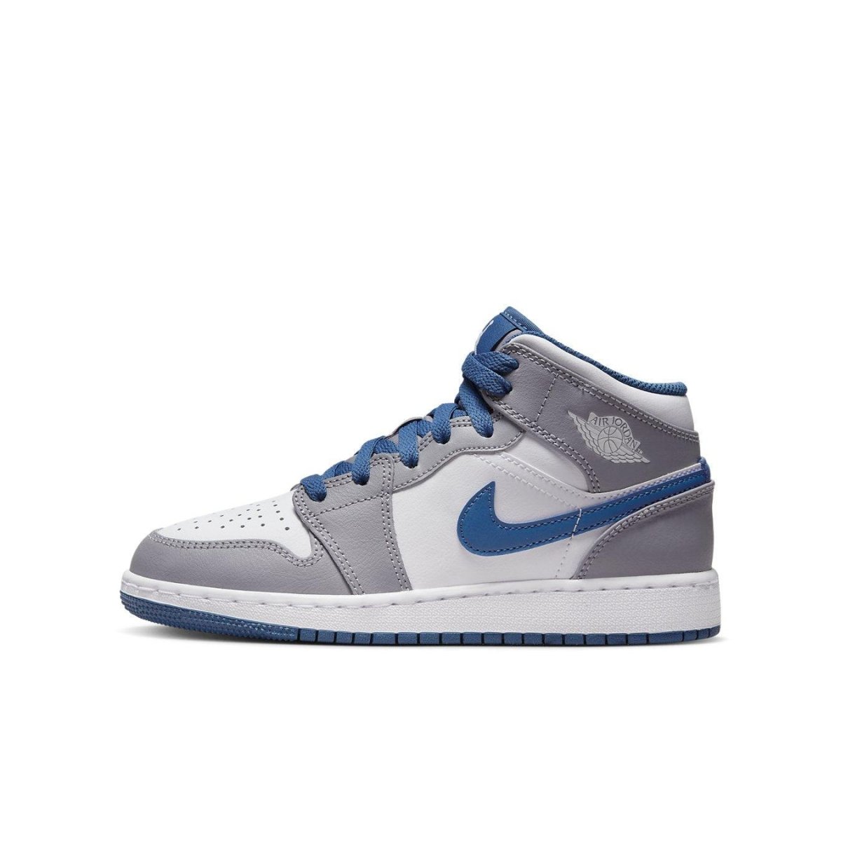Jordan 1 Mid True Blue Cement (GS) in white and gray leather with blue accents, featuring perforated toe and oversized Swoosh.