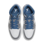 Air Jordan 1 Mid True Blue sneakers featuring white leather upper, True Blue accents, and classic design.