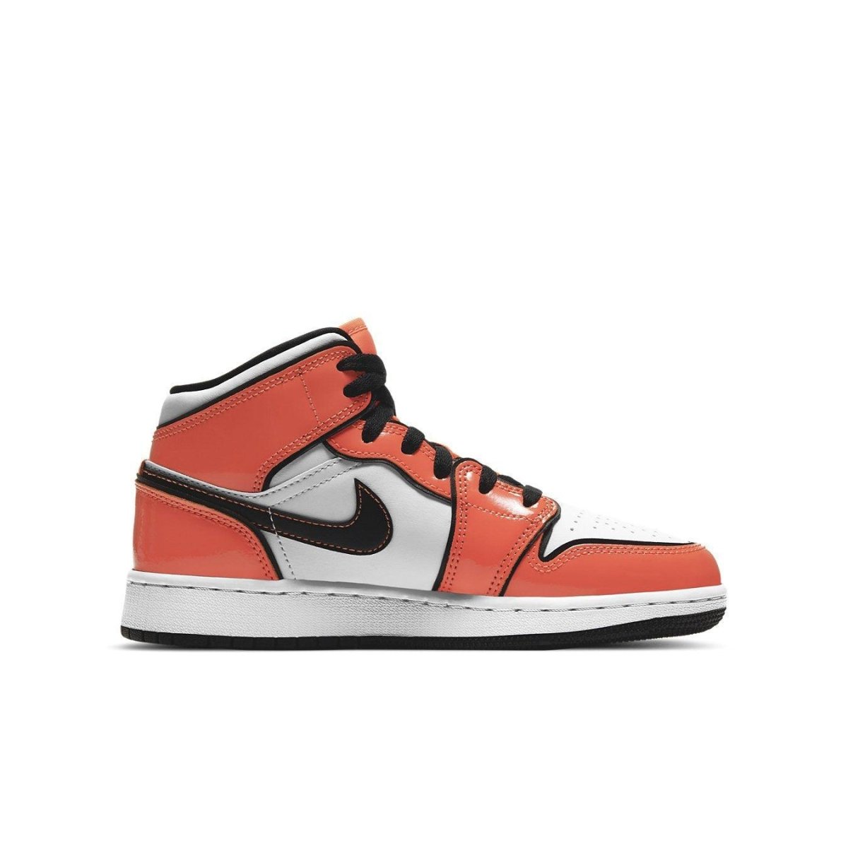 Nike Air Jordan 1 Mid Turf Orange GS sneaker, featuring vibrant orange and classic black accents.