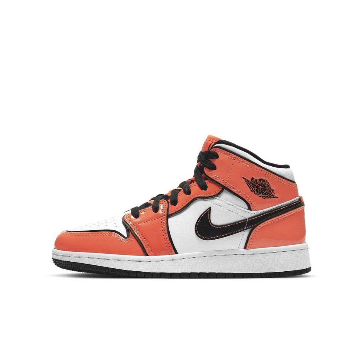 Air Jordan 1 Mid SE GS Turf Orange sneaker in vibrant orange and white, featuring black accents and a classic design.