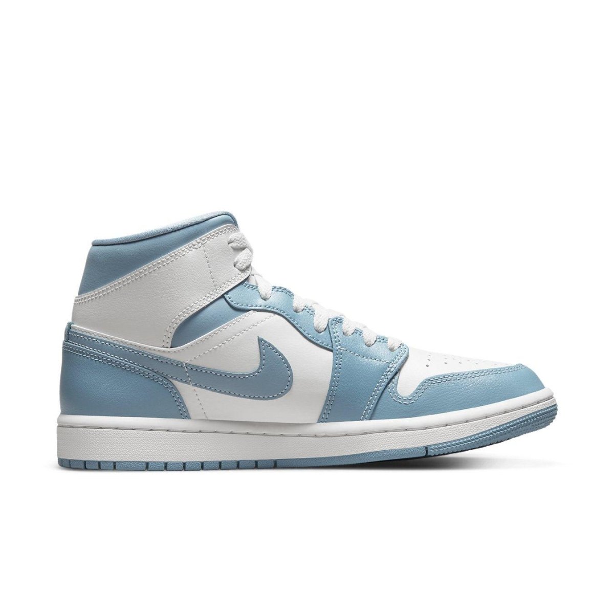 Nike Air Jordan 1 Mid UNC (2022) women's sneakers in white and university blue colorway.