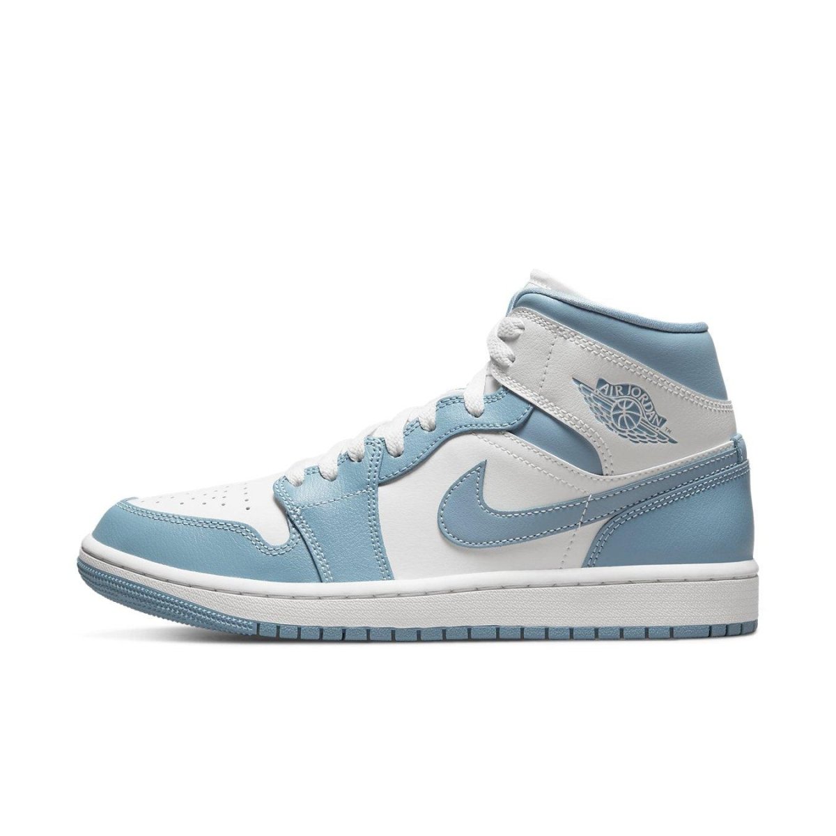 Air Jordan 1 Mid UNC (2022) Women's sneaker in white and light blue colorway.