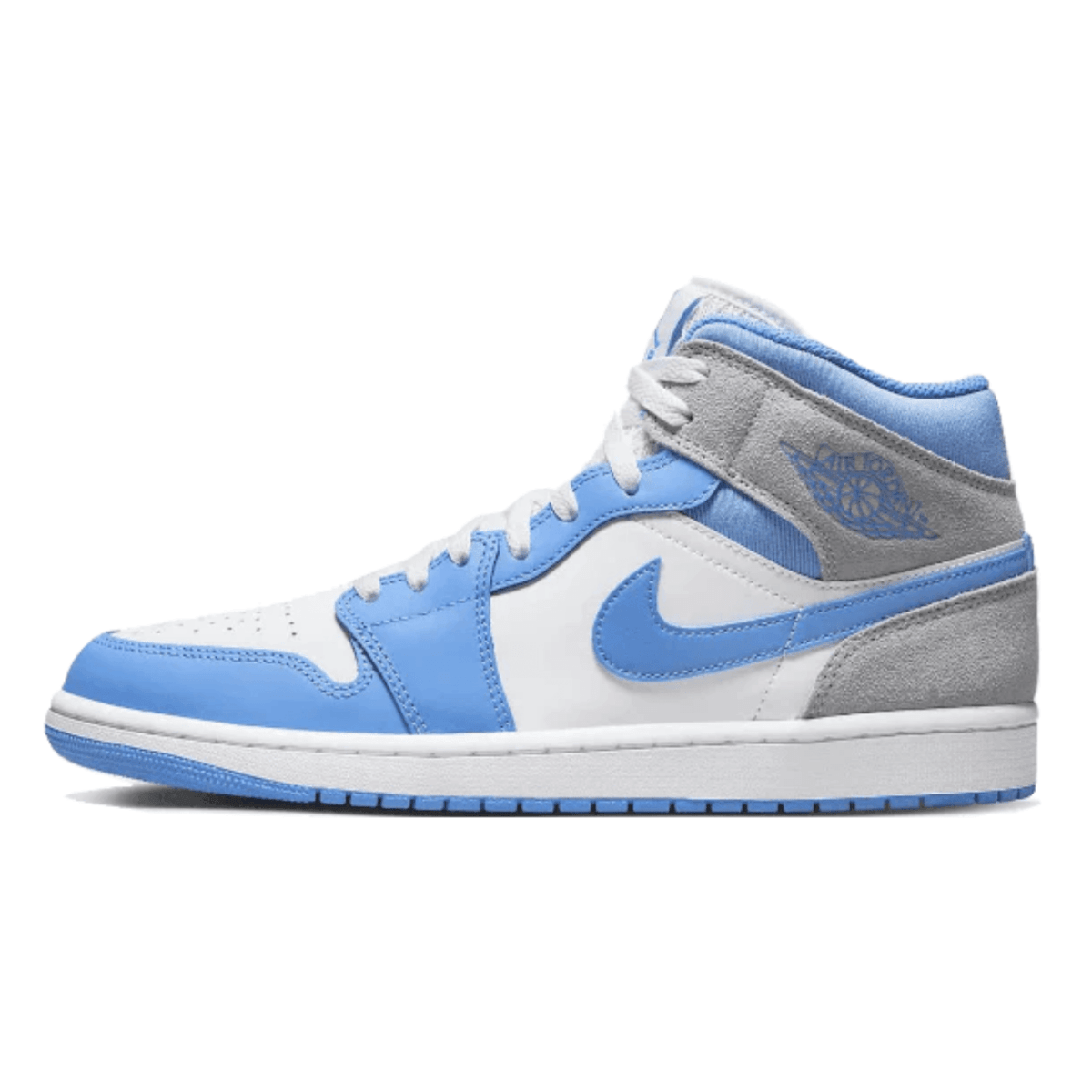 Air Jordan 1 Mid University Blue Grey sneaker showcasing blue and gray colorway profile.