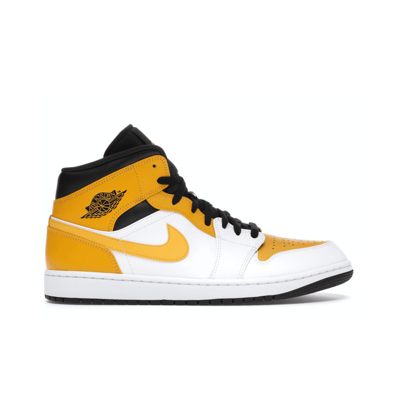 Jordan 1 Mid University Gold sneakers in white, university gold and black colors.