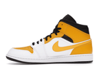 Nike Air Jordan 1 Mid University Gold sneakers in white, gold, and black colorway.