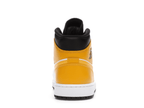 Back view of Jordan 1 Mid University Gold with black and gold detailing, showcasing the stylish design.