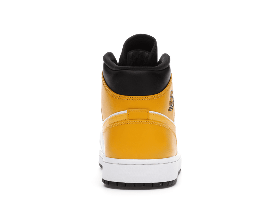 Back view of Jordan 1 Mid University Gold with black and gold detailing, showcasing the stylish design.