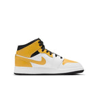 Jordan 1 Mid University Gold (GS) sneaker featuring vibrant yellow, black, and white colorway.