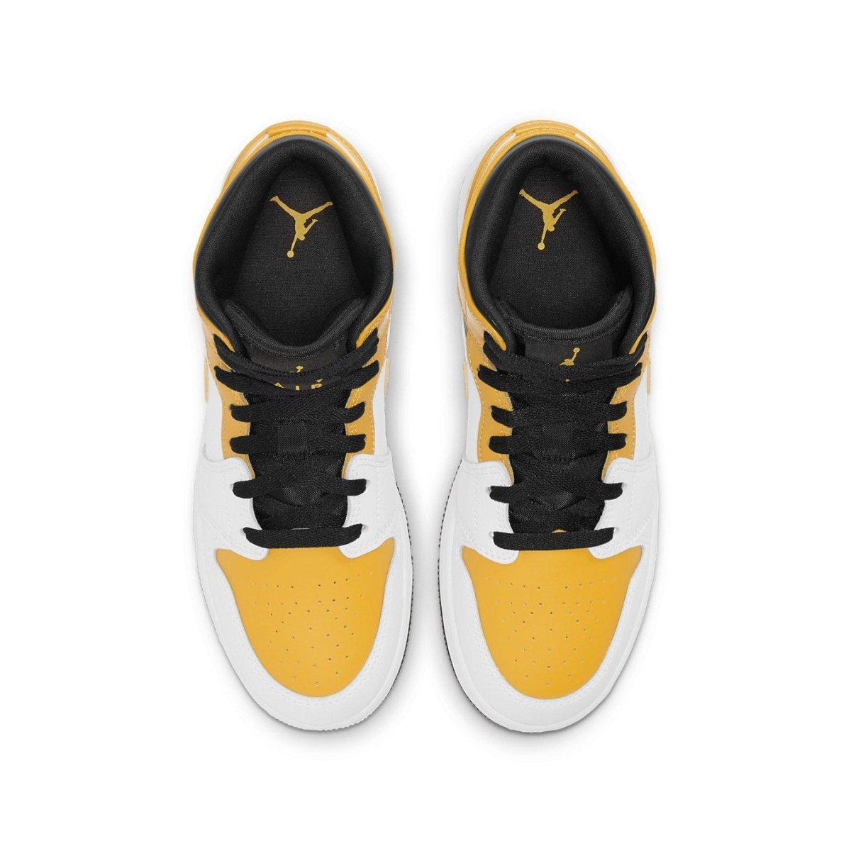 Jordan 1 Mid University Gold (GS) sneakers featuring vibrant gold and white design, perfect for casual wear.