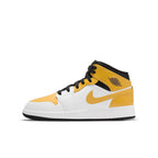 Jordan 1 Mid University Gold sneakers featuring vibrant gold and black accents on a white base.