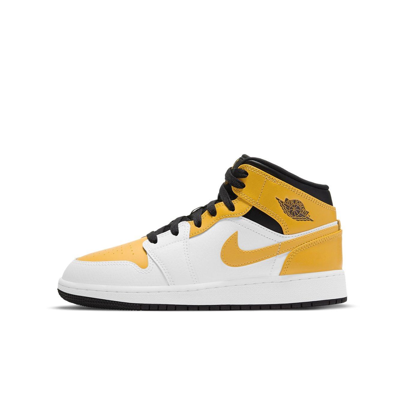 Jordan 1 Mid University Gold sneakers featuring vibrant gold and black accents on a white base.