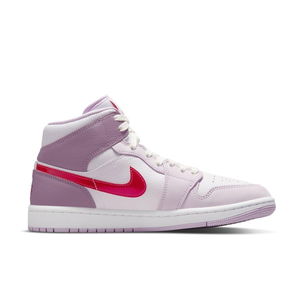 Jordan 1 Mid Valentine's Day 2022 for women, featuring white leather, pink overlays, and a distinct Red Jumpman logo.
