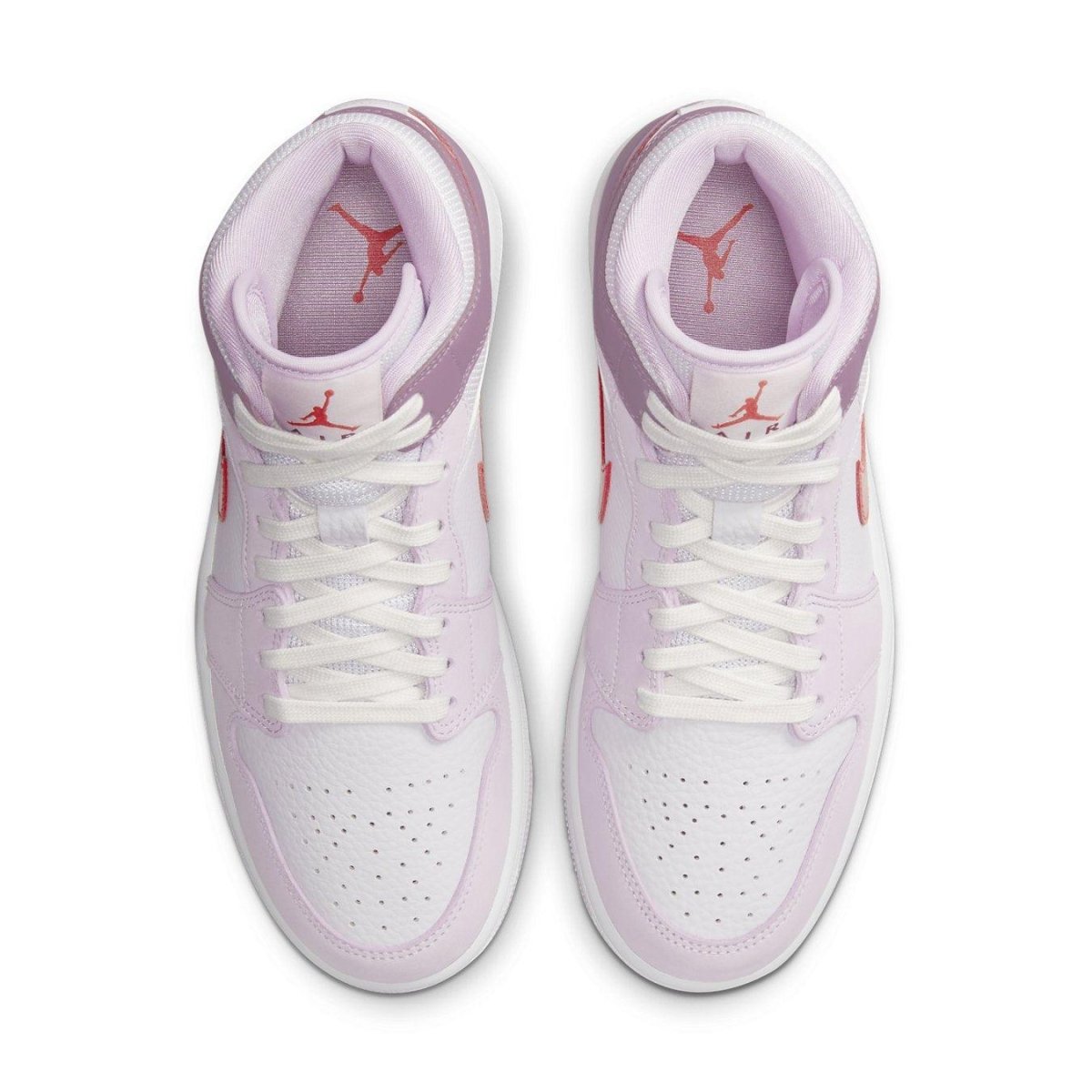 Jordan 1 Mid Valentine's Day 2022 women's sneakers featuring white leather and pink accents, Red Jumpman logo, and floral details.