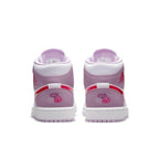 Back view of Jordan 1 Mid Valentine's Day 2022, featuring pink leather and floral accents on the heel.