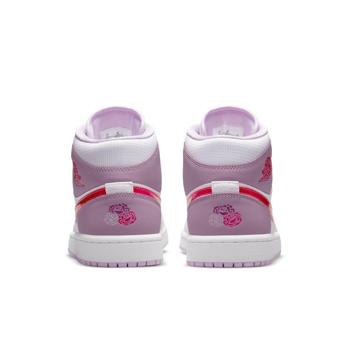 Back view of Jordan 1 Mid Valentine's Day 2022, featuring pink leather and floral accents on the heel.