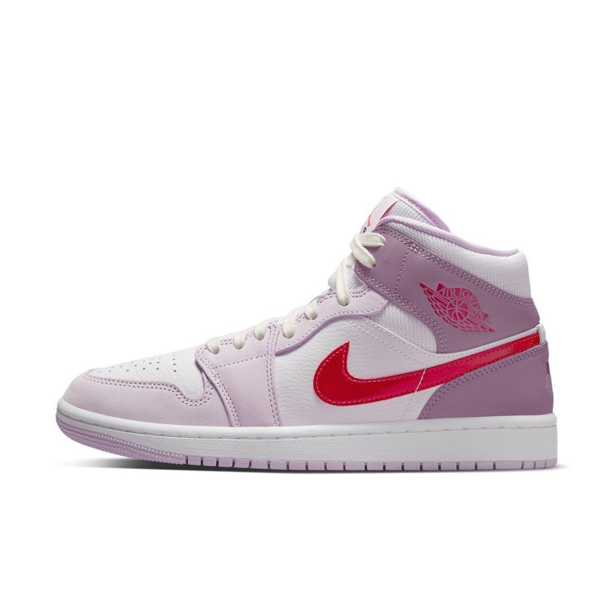 Jordan 1 Mid Valentine's Day 2022 features white leather, pink overlays, Red Jumpman logo, and floral accents.