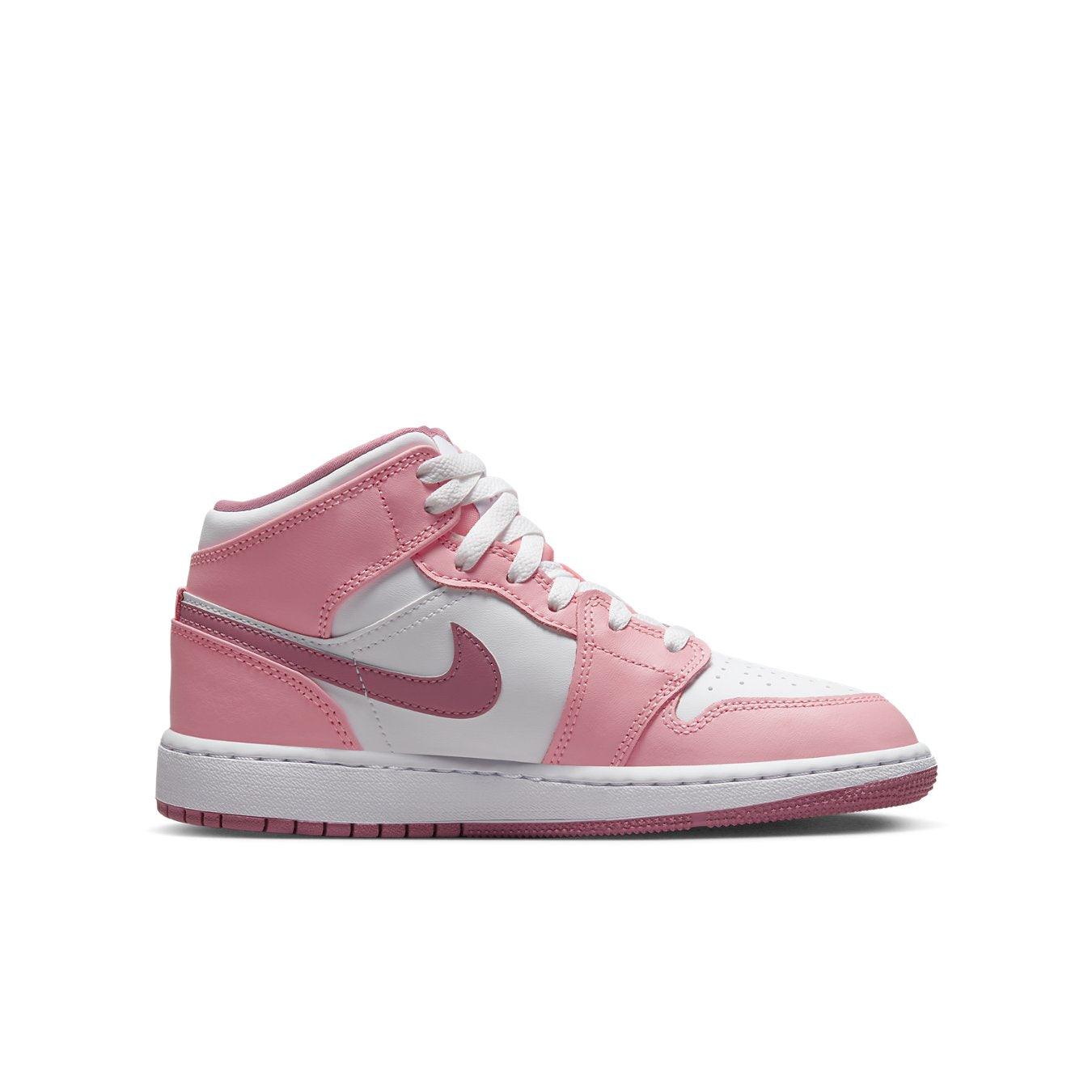 Pink and white Air Jordan 1 Mid Valentine's Day (2023) sneaker featuring coral and desert berry accents.