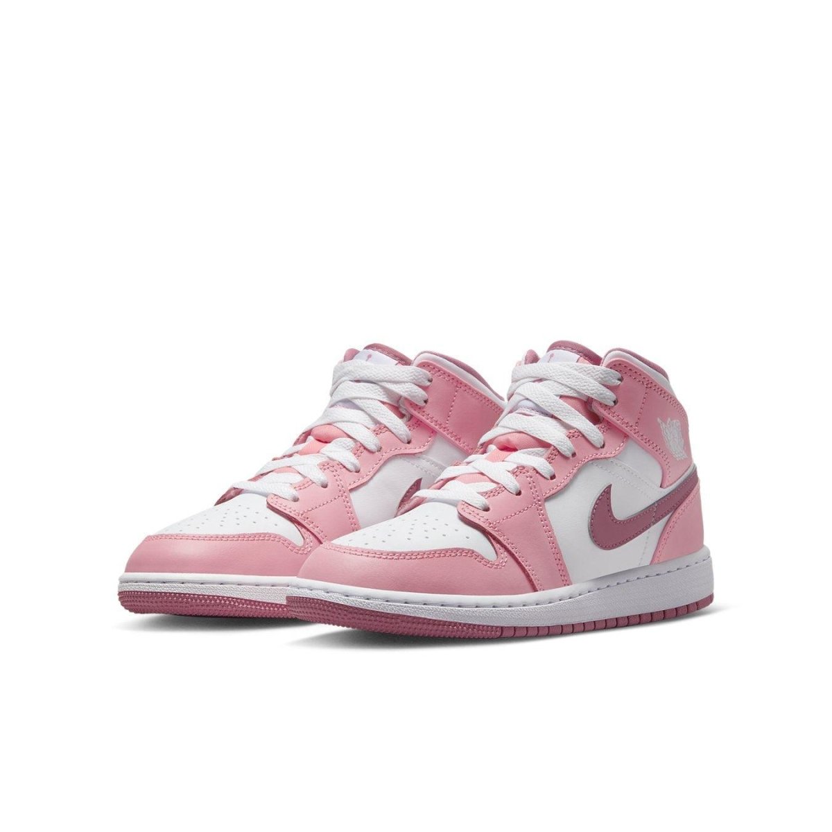 Jordan 1 Mid Valentine's Day 2023 in Coral Chalk and Desert Berry colorway, featuring a leather upper and mesh lining.