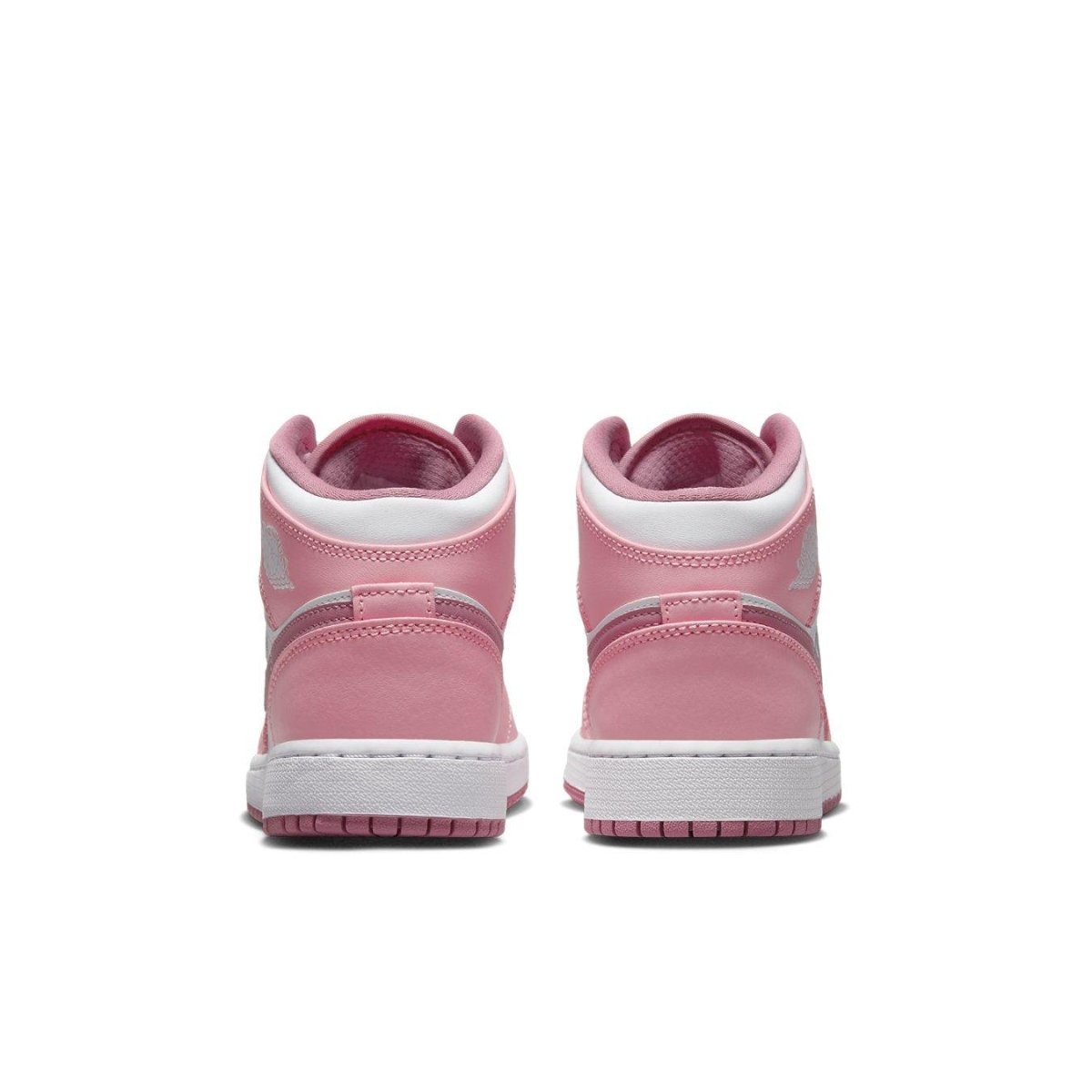 Retro Air Jordan 1 Mid Valentine's Day (2023) in Coral Chalk and Desert Berry, showing pink back view.