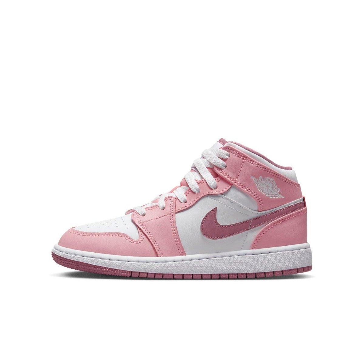 Jordan 1 Mid Valentine's Day 2023 in Coral Chalk and Desert Berry colors, featuring leather and mesh construction.