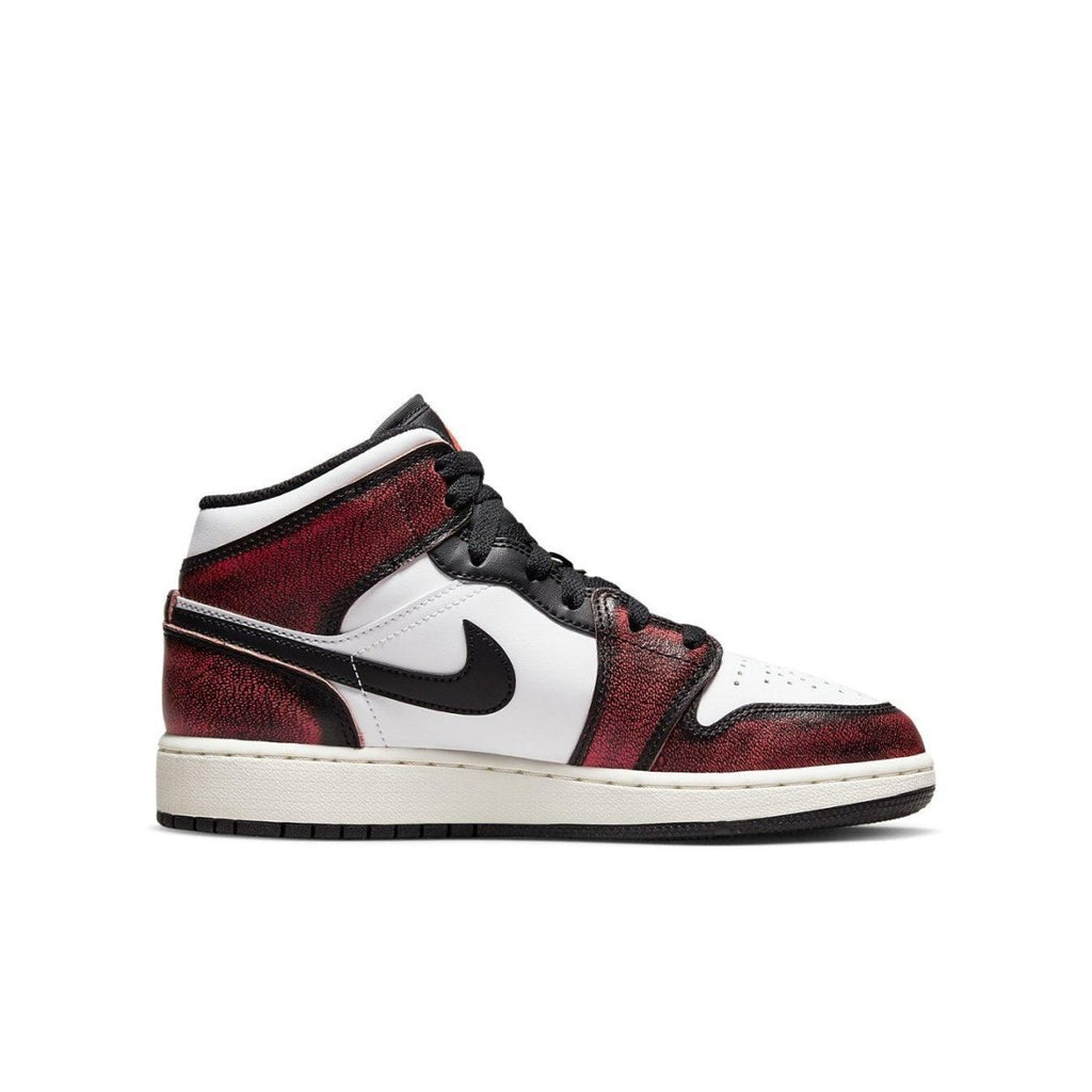 Air Jordan 1 Mid Wear-Away Chicago (GS) sneakers in white, black, and red colorway.