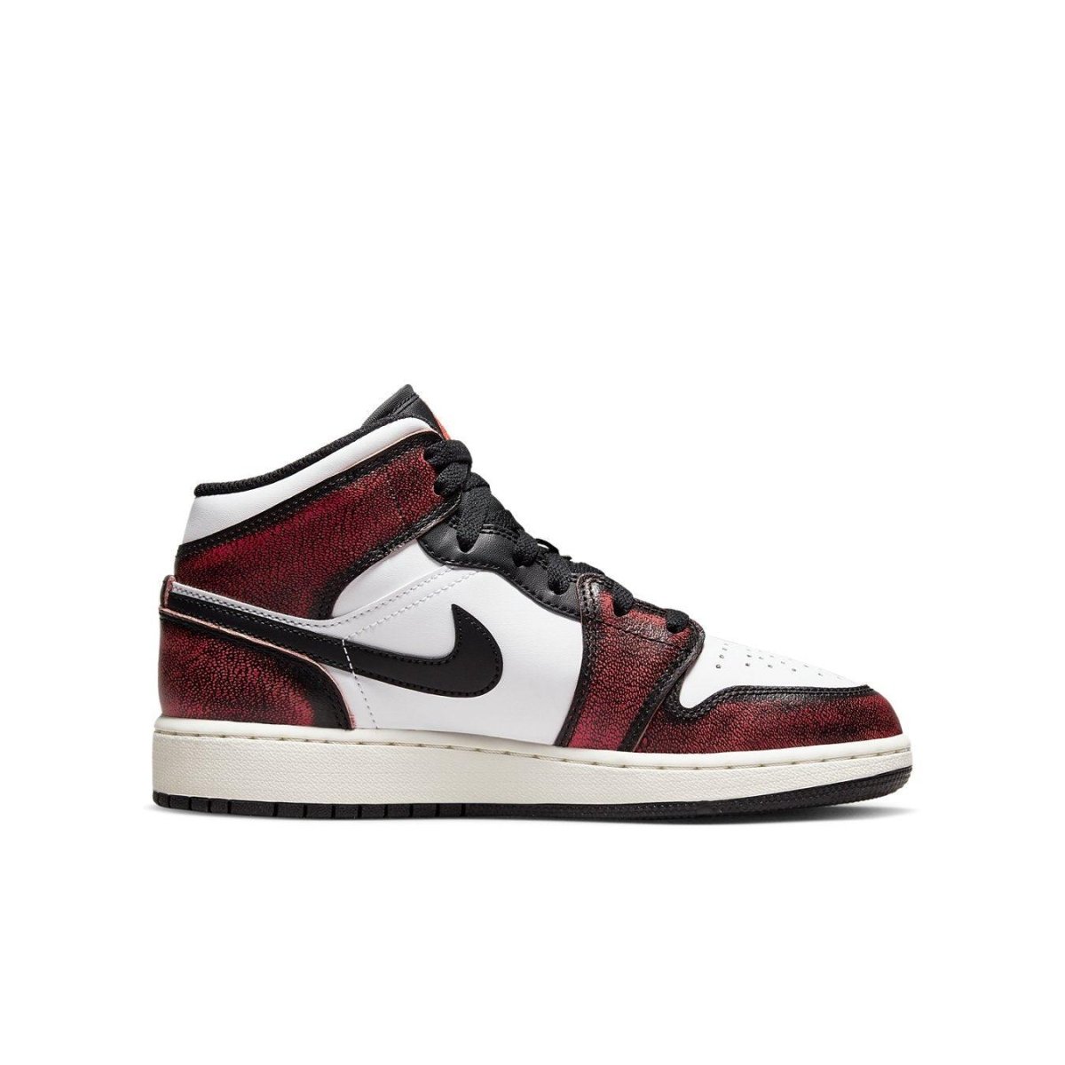 Air Jordan 1 Mid Wear-Away Chicago (GS) sneakers in white, black, and red colorway.