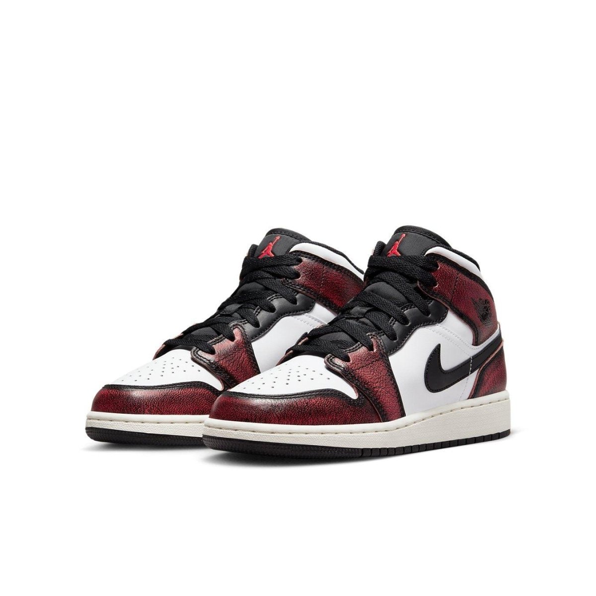 Jordan 1 Mid Wear-Away Chicago (GS) sneakers with black and red detailing, designed for older kids.