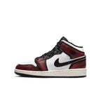 Jordan 1 Mid Wear-Away Chicago (GS) sneaker in white, black, and red colorway on a white background.