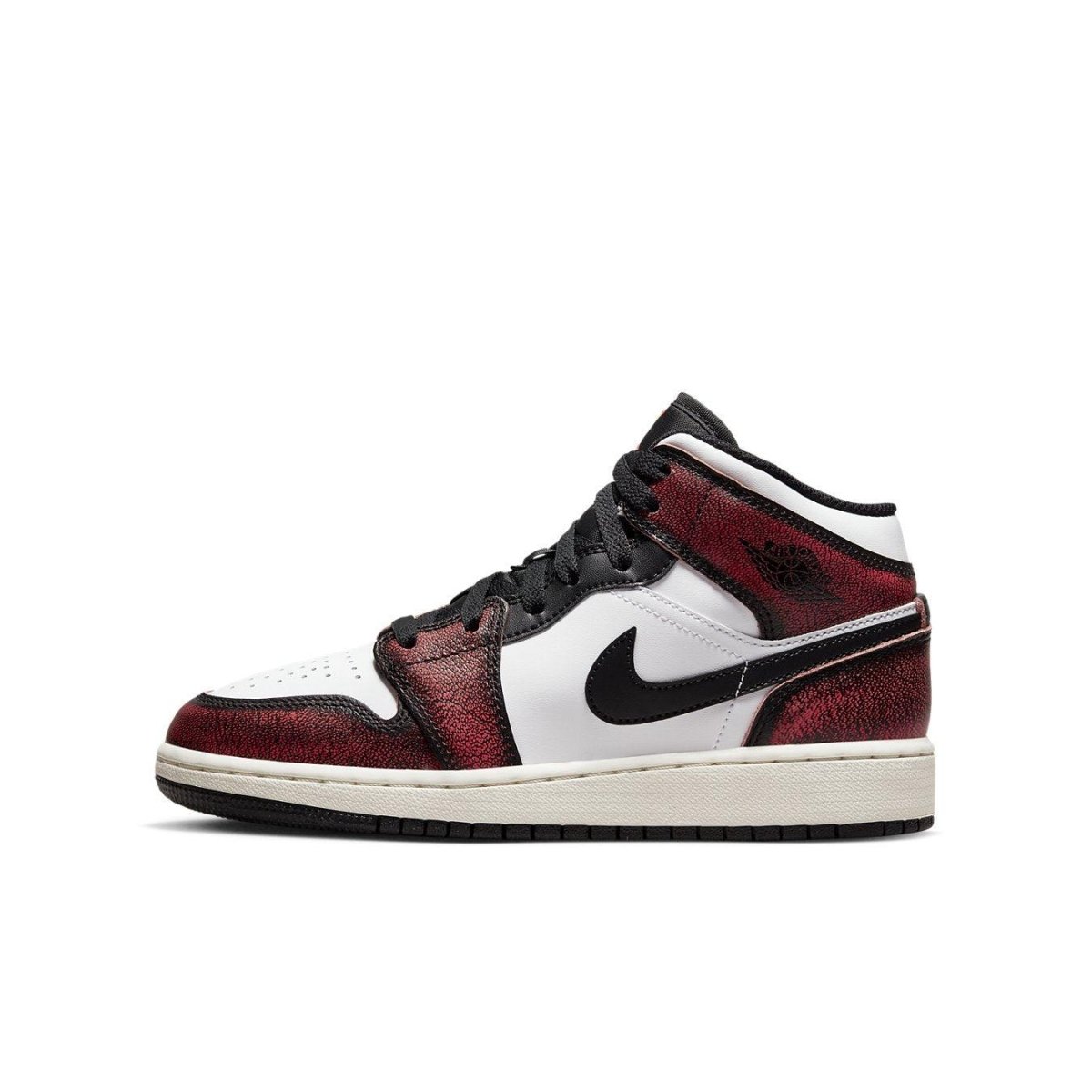 Jordan 1 Mid Wear-Away Chicago (GS) sneaker in white, black, and red colorway on a white background.