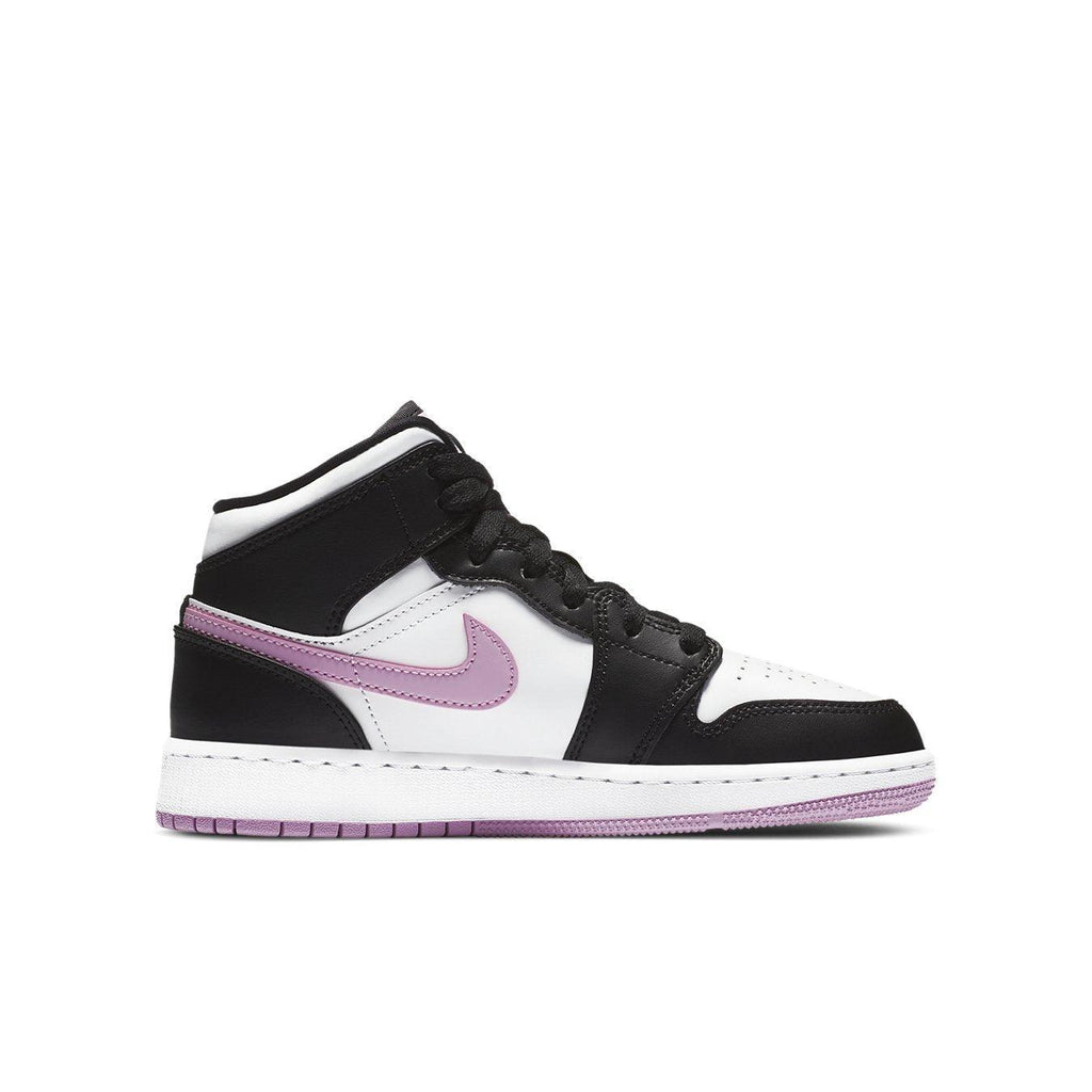 Air Jordan 1 Mid White Black Light Arctic Pink (GS) for girls, featuring black and light pink accents.