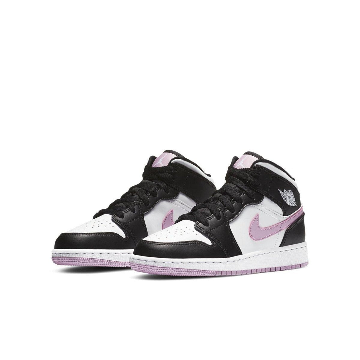 Jordan 1 Mid White Black Light Arctic Pink sneakers for girls with a sleek design and stylish accents.