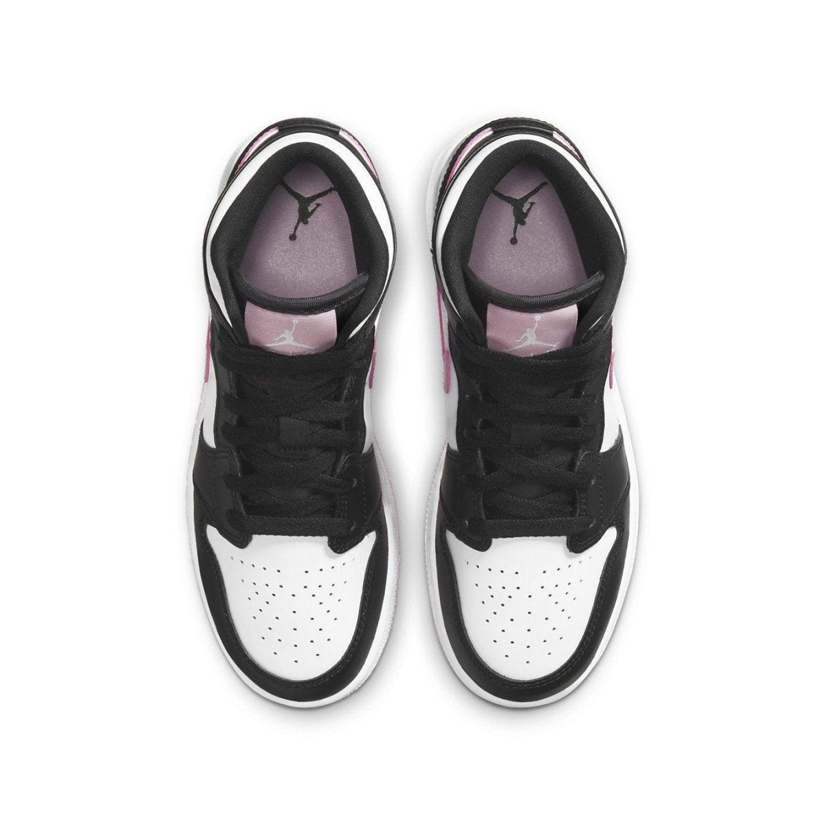 Air Jordan 1 Mid White Black Light Arctic Pink GS shoes, featuring sleek black and light pink accents on a white base.