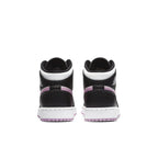 Jordan 1 Mid White Black Light Arctic Pink GS rear view showing black and pink accents on the sneaker.
