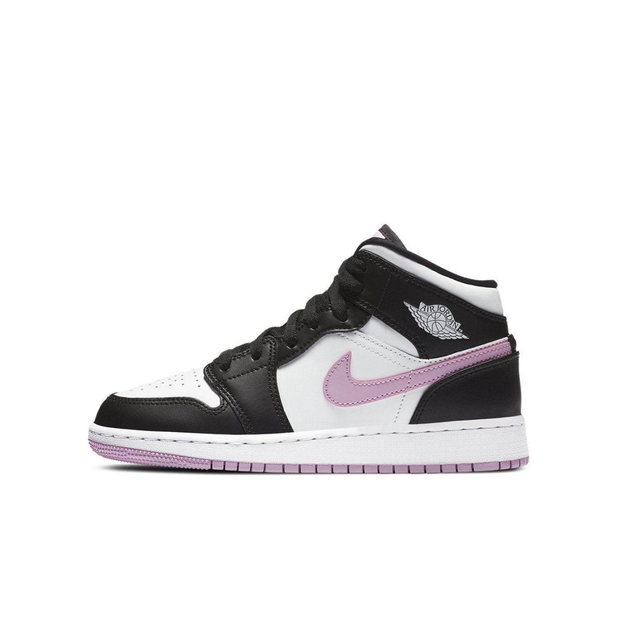 Jordan 1 Mid White Black Light Arctic Pink (GS) featuring black, white, and light pink colorway.
