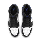 Top view of Jordan 1 Mid White Black Racer Blue sneakers featuring quality leather and textile materials.