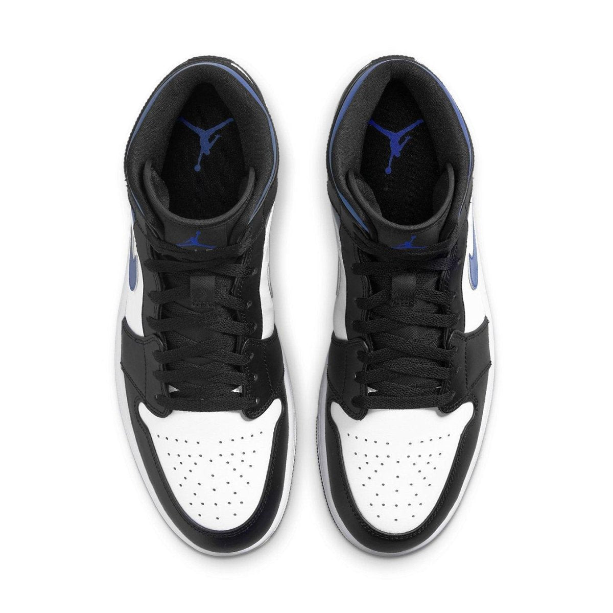 Top view of Jordan 1 Mid White Black Racer Blue sneakers featuring quality leather and textile materials.