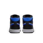 Back view of Jordan 1 Mid White Black Racer Blue sneakers showcasing black, blue, and white color design.
