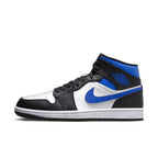 Jordan 1 Mid White Black Racer Blue sneaker featuring premium leather and textile materials.