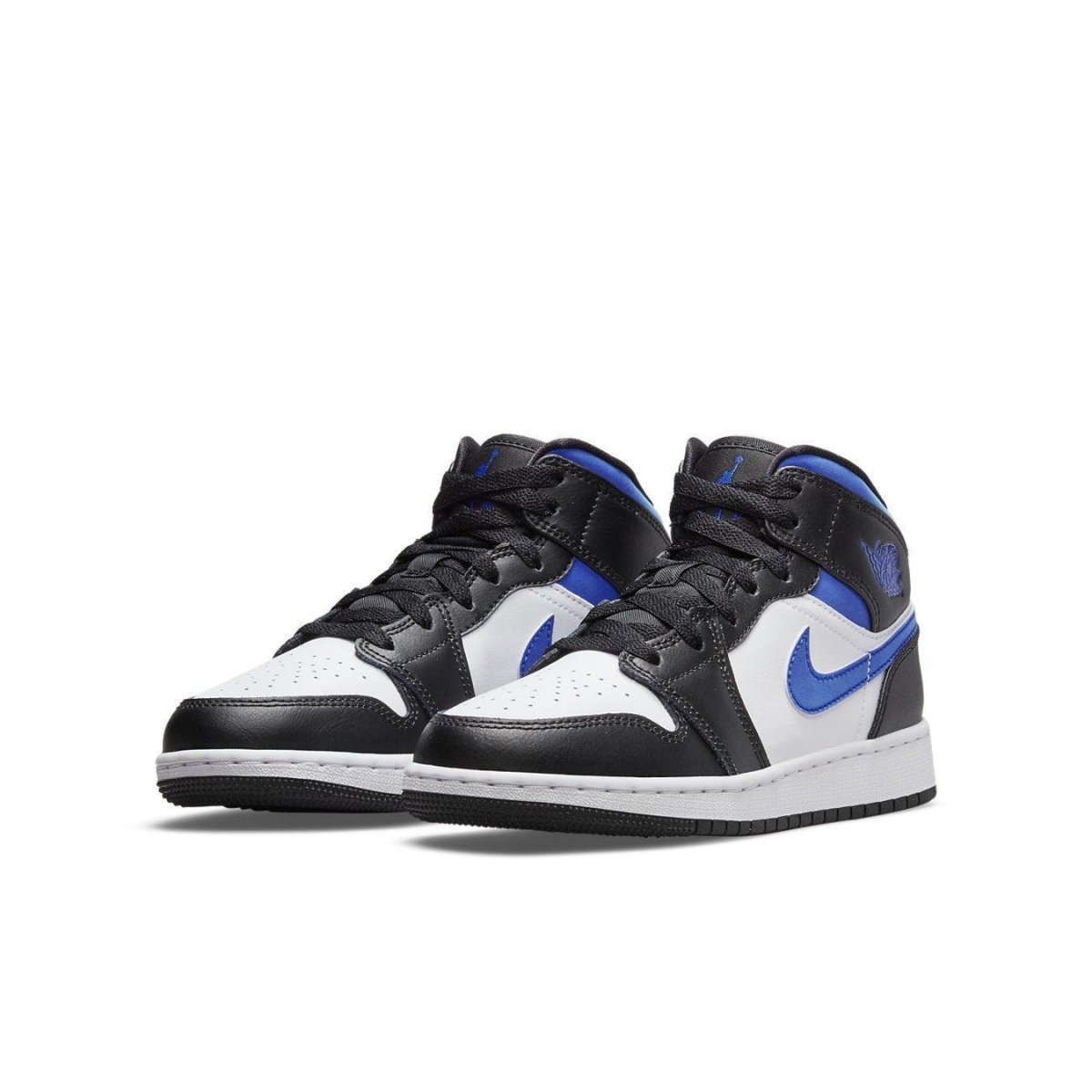 Jordan 1 Mid GS white, black, and racer blue sneakers for kids with leather upper and suede collar.