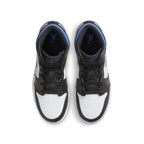 Top view of Air Jordan 1 Mid GS Racer Blue sneakers with white, black, and blue color scheme.