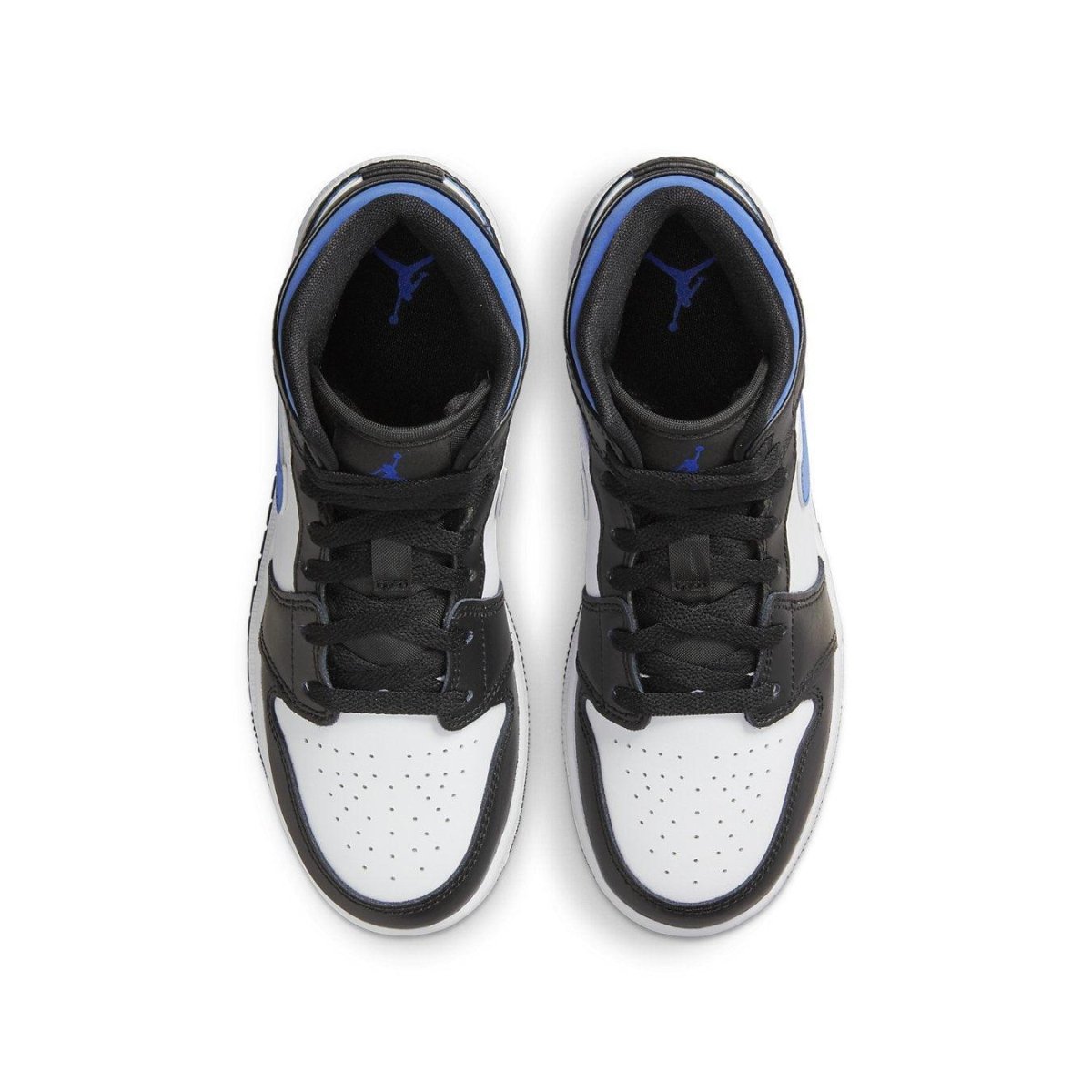 Top view of Air Jordan 1 Mid GS Racer Blue sneakers with white, black, and blue color scheme.