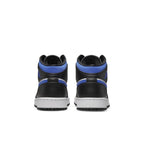 Back view of Air Jordan 1 Mid GS Racer Blue sneakers featuring black and royal blue colorway.