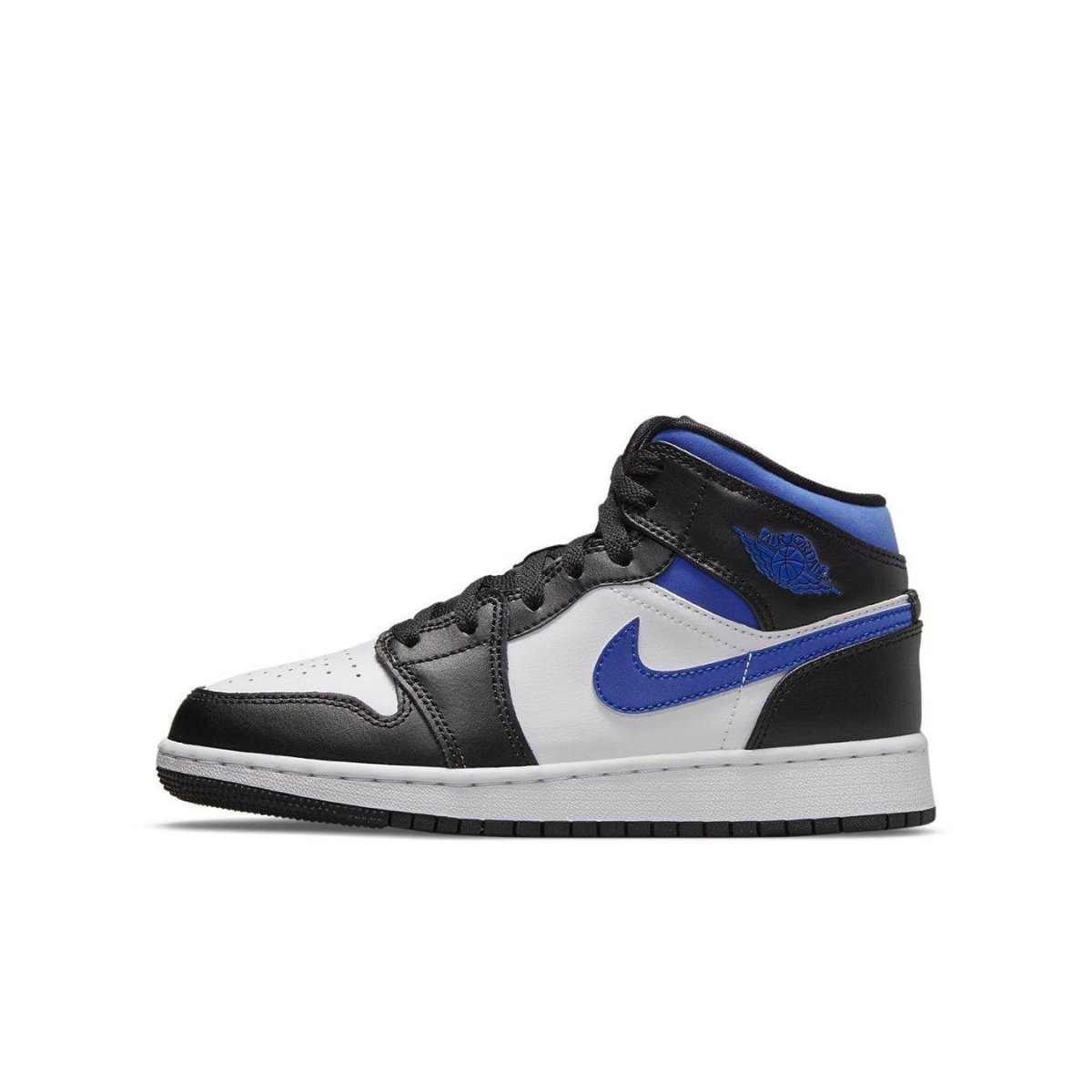 Jordan 1 Mid GS shoes in white, black and Racer Blue, featuring leather upper and classic design for kids.