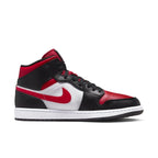 Nike Jordan 1 Mid White Black Red (2022) sneaker side view with University Red accents.