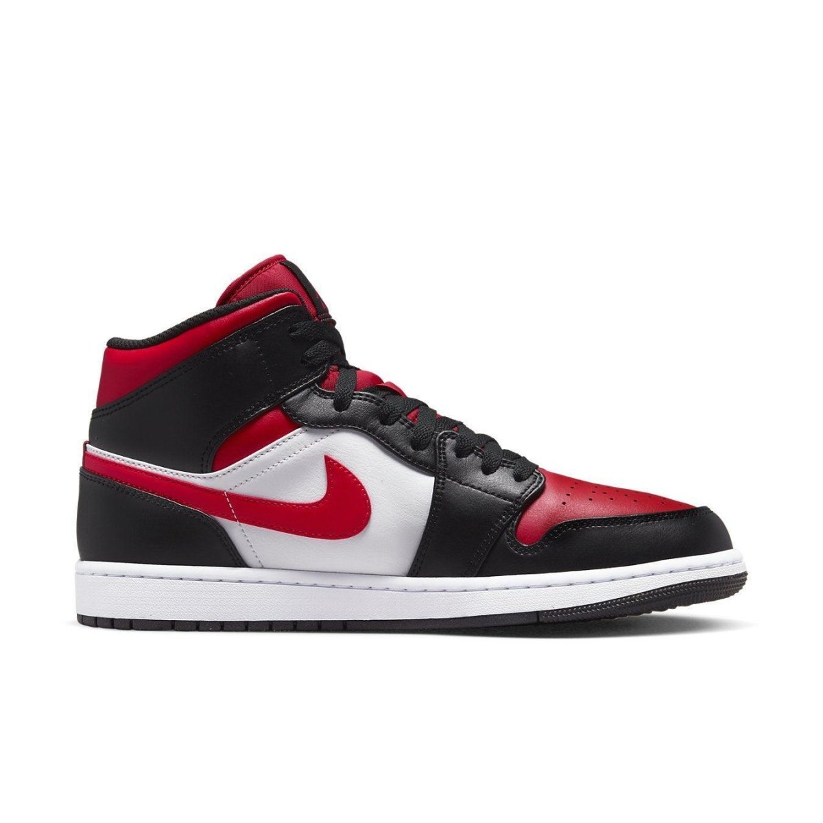 Nike Jordan 1 Mid White Black Red (2022) sneaker side view with University Red accents.