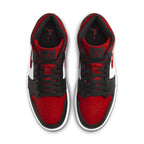 Jordan 1 Mid White Black Red 2022, featuring oversized tongue and unique color details, top view.