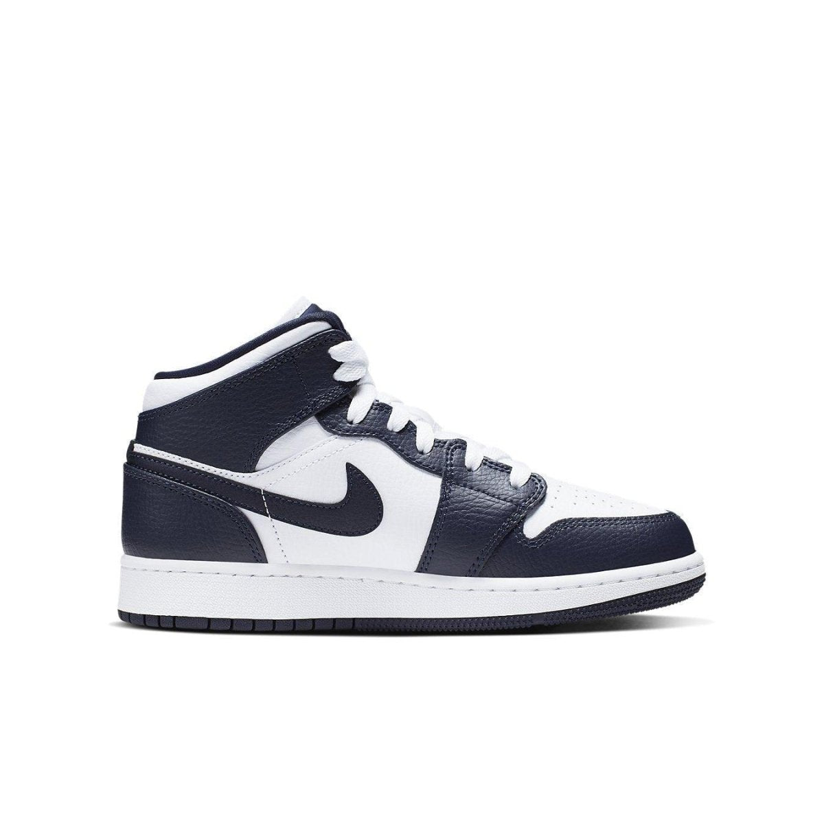 Jordan 1 Mid White Metallic Gold Obsidian sneakers in navy blue and white leather, featuring classic silhouette and detailing.